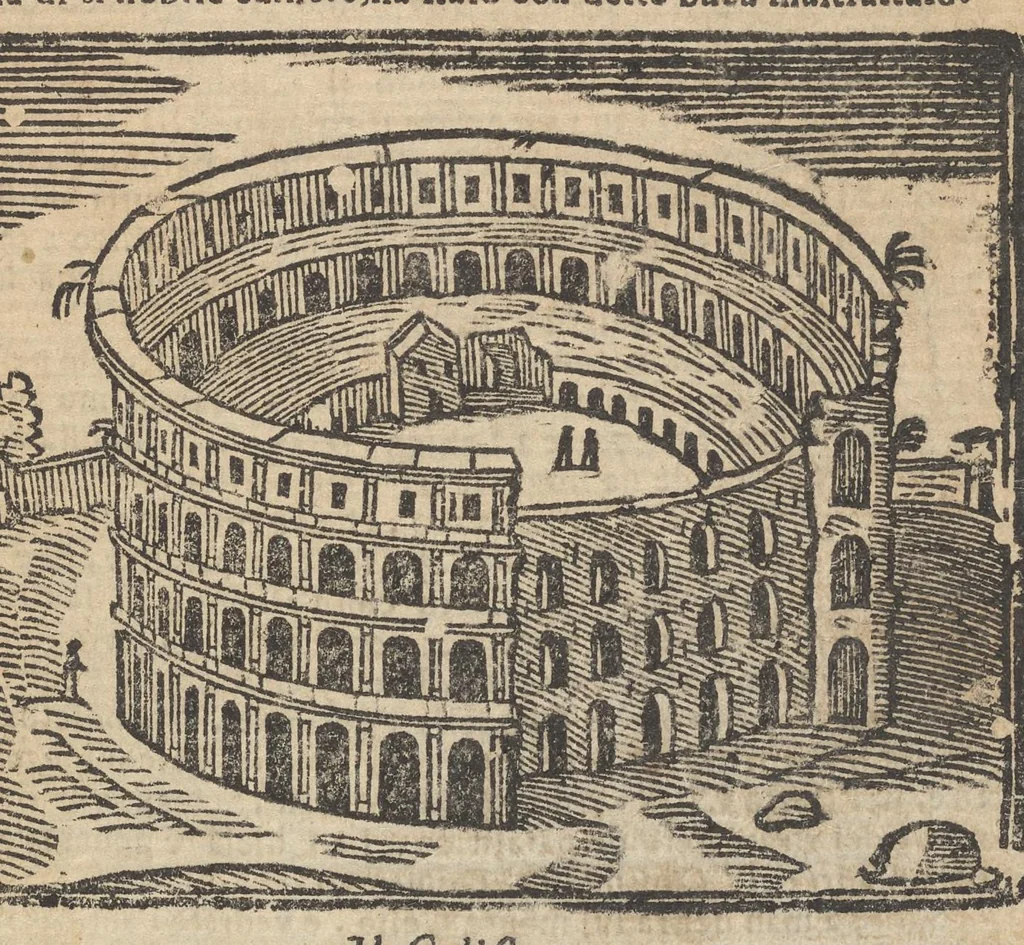 An illustration from Roma ricercata nel suo sito : con tutte le curiosità, che in essa si ritrouano, tanto antiche, come moderne, cioè chiese, monasterij, hospidali, collegij, seminarij, tempij, teatri, anfiteatri, naumachie, cerchi, fori, curie, palazzi, e statue, librarie, musei, pitture, sculture, & i nomi degl' artefici, 1693, leaf 80