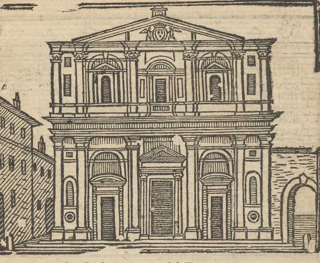 An illustration from Roma ricercata nel suo sito : con tutte le curiosità, che in essa si ritrouano, tanto antiche, come moderne, cioè chiese, monasterij, hospidali, collegij, seminarij, tempij, teatri, anfiteatri, naumachie, cerchi, fori, curie, palazzi, e statue, librarie, musei, pitture, sculture, & i nomi degl' artefici, 1693, leaf 88