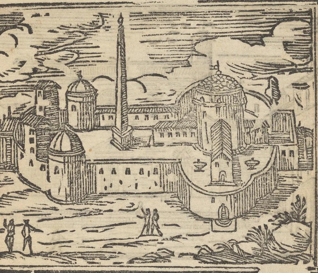 An illustration from Roma ricercata nel suo sito : con tutte le curiosità, che in essa si ritrouano, tanto antiche, come moderne, cioè chiese, monasterij, hospidali, collegij, seminarij, tempij, teatri, anfiteatri, naumachie, cerchi, fori, curie, palazzi, e statue, librarie, musei, pitture, sculture, & i nomi degl' artefici, 1693, leaf 90