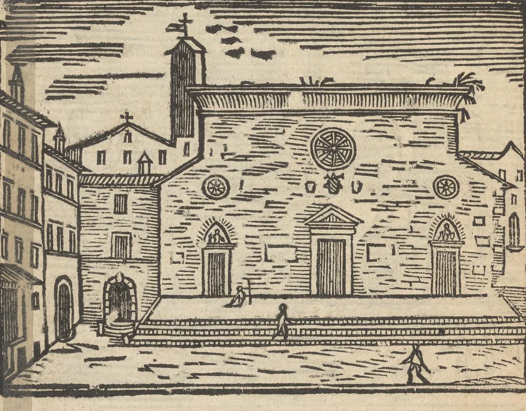 An illustration from Roma ricercata nel suo sito : con tutte le curiosità, che in essa si ritrouano, tanto antiche, come moderne, cioè chiese, monasterij, hospidali, collegij, seminarij, tempij, teatri, anfiteatri, naumachie, cerchi, fori, curie, palazzi, e statue, librarie, musei, pitture, sculture, & i nomi degl' artefici, 1693, leaf 91