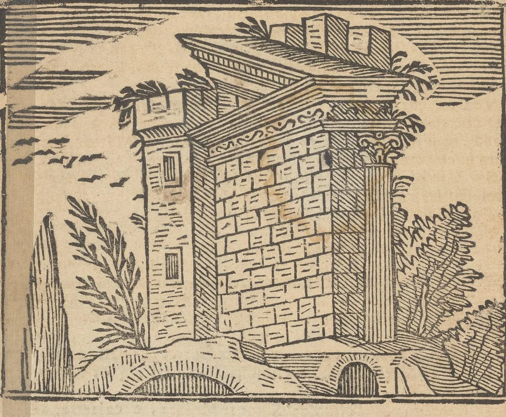 An illustration from Roma ricercata nel suo sito : con tutte le curiosità, che in essa si ritrouano, tanto antiche, come moderne, cioè chiese, monasterij, hospidali, collegij, seminarij, tempij, teatri, anfiteatri, naumachie, cerchi, fori, curie, palazzi, e statue, librarie, musei, pitture, sculture, & i nomi degl' artefici, 1693, leaf 93