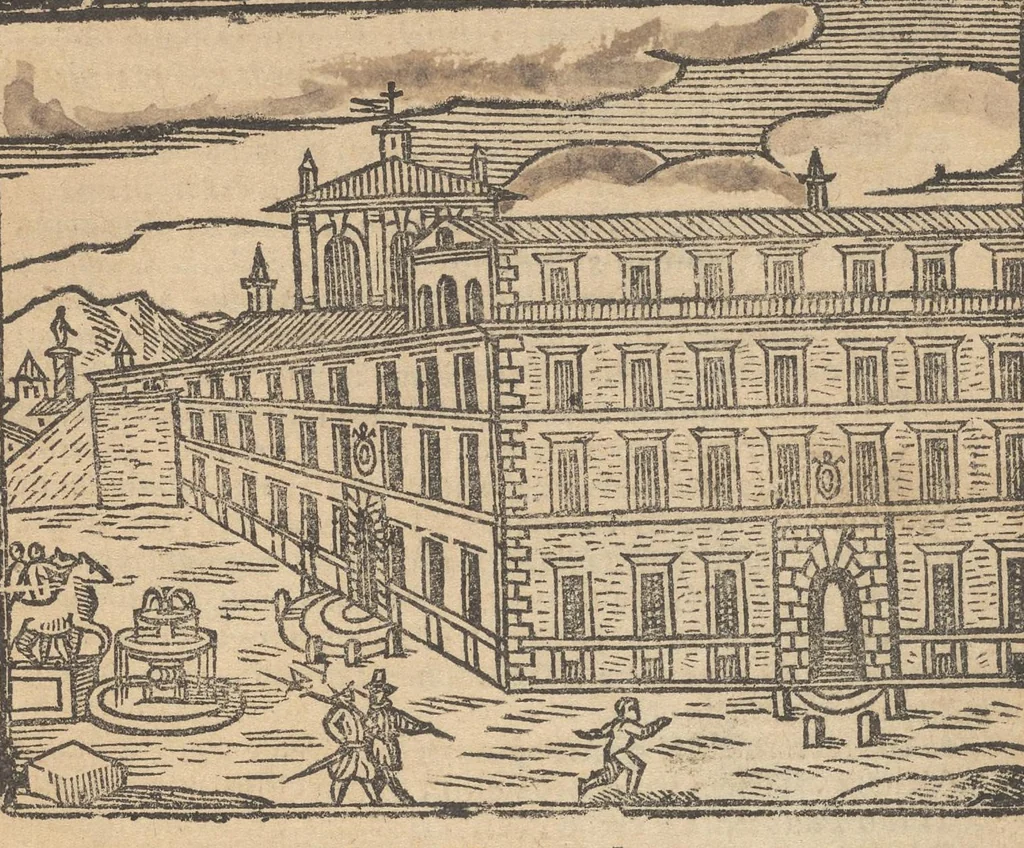 An illustration from Roma ricercata nel suo sito : con tutte le curiosità, che in essa si ritrouano, tanto antiche, come moderne, cioè chiese, monasterij, hospidali, collegij, seminarij, tempij, teatri, anfiteatri, naumachie, cerchi, fori, curie, palazzi, e statue, librarie, musei, pitture, sculture, & i nomi degl' artefici, 1693, leaf 98