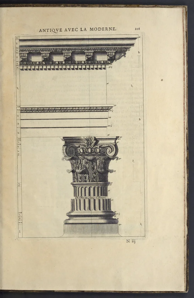 An illustration from Parallèle de l'architectvre antiqve et de la moderne : avec vn recveil des dix principavx avtevrs qui ont écrit des cinq ordres : sçavoir Palladio et Scamozzi, Serlio et Vignola, D. Barbaro et Cataneo, L.B. Alberti et Viola, Bvllant et De Lorme .., 1650, leaf 116