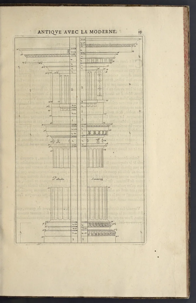 An illustration from Parallèle de l'architectvre antiqve et de la moderne : avec vn recveil des dix principavx avtevrs qui ont écrit des cinq ordres : sçavoir Palladio et Scamozzi, Serlio et Vignola, D. Barbaro et Cataneo, L.B. Alberti et Viola, Bvllant et De Lorme .., 1650, leaf 38