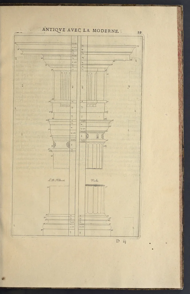 An illustration from Parallèle de l'architectvre antiqve et de la moderne : avec vn recveil des dix principavx avtevrs qui ont écrit des cinq ordres : sçavoir Palladio et Scamozzi, Serlio et Vignola, D. Barbaro et Cataneo, L.B. Alberti et Viola, Bvllant et De Lorme .., 1650, leaf 44