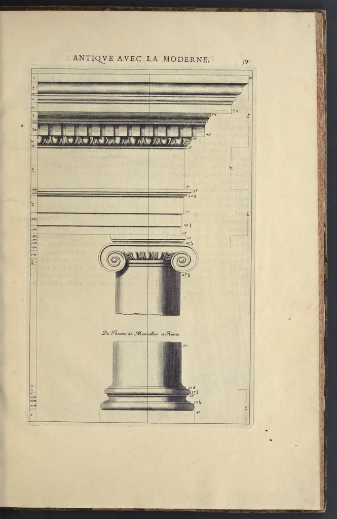 An illustration from Parallèle de l'architectvre antiqve et de la moderne : avec vn recveil des dix principavx avtevrs qui ont écrit des cinq ordres : sçavoir Palladio et Scamozzi, Serlio et Vignola, D. Barbaro et Cataneo, L.B. Alberti et Viola, Bvllant et De Lorme .., 1650, leaf 54