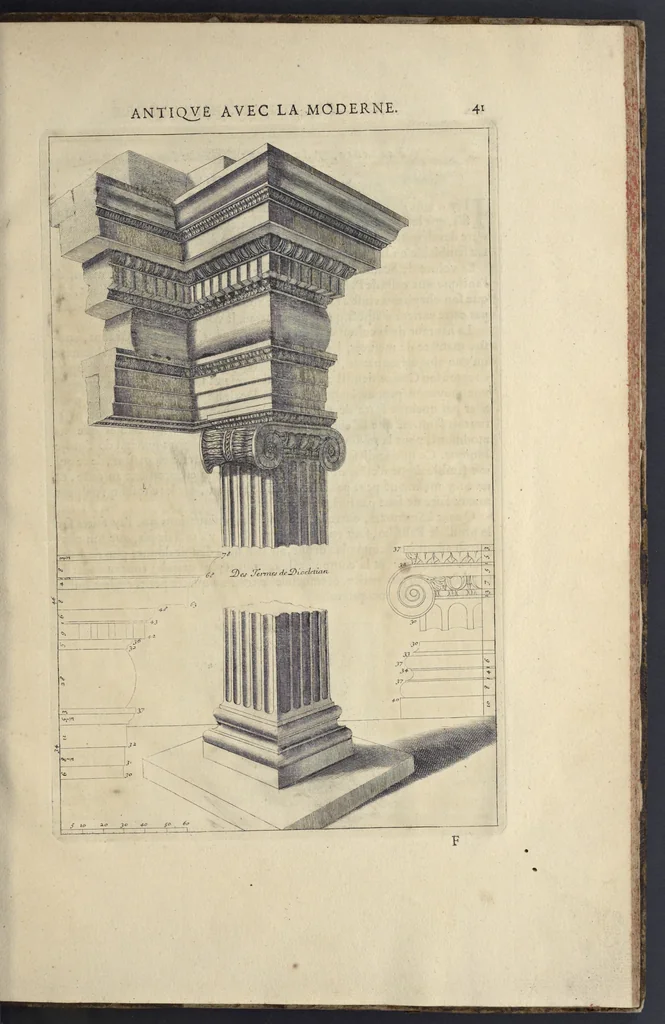 An illustration from Parallèle de l'architectvre antiqve et de la moderne : avec vn recveil des dix principavx avtevrs qui ont écrit des cinq ordres : sçavoir Palladio et Scamozzi, Serlio et Vignola, D. Barbaro et Cataneo, L.B. Alberti et Viola, Bvllant et De Lorme .., 1650, leaf 56