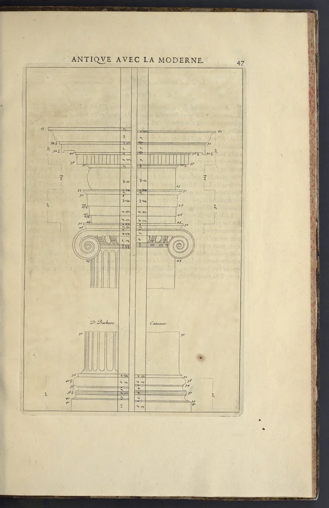 An illustration from Parallèle de l'architectvre antiqve et de la moderne : avec vn recveil des dix principavx avtevrs qui ont écrit des cinq ordres : sçavoir Palladio et Scamozzi, Serlio et Vignola, D. Barbaro et Cataneo, L.B. Alberti et Viola, Bvllant et De Lorme .., 1650, leaf 62