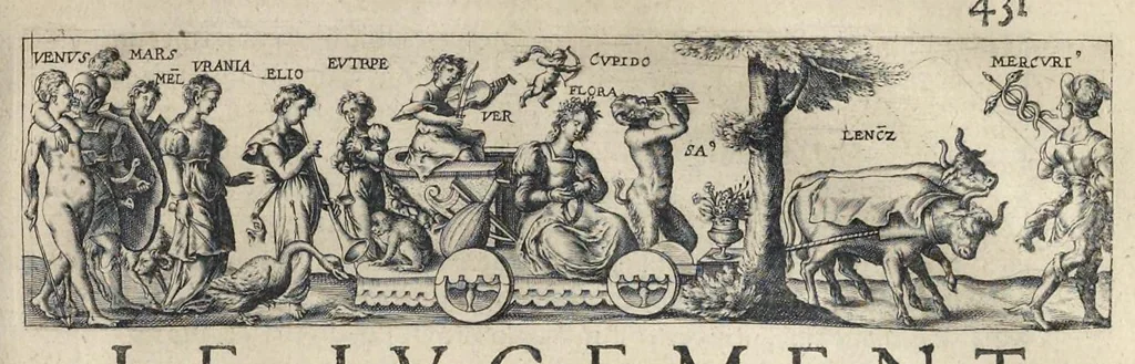 An illustration from Les Metamorphoses d'Ouide : de nouueau traduites en françois, et enrichies de figures chacune selon son subiet : avec XV discours, contenans l'explication morale des fables, 1621, leaf 446
