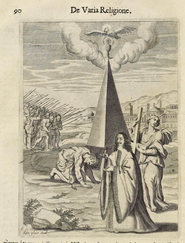 An illustration from Aquila inter lilia, sub qua Francorum Caesarum a Carolo Magno vsque ad Conradum Imperatorem Occidentis X. elogiis, hieroglyphicis, numismatibus, insignibus, symbolis, fasta exarantur : opus omnibus absolutum númeris, vt hodiernis veteres locupletati annales cuiuslibet herois, cuius facinora inclusum thema exornant, vitam, effigiem, hieroglyphicum, symbola exhibeant, 1671, leaf 105