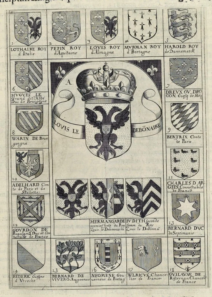 An illustration from Aquila inter lilia, sub qua Francorum Caesarum a Carolo Magno vsque ad Conradum Imperatorem Occidentis X. elogiis, hieroglyphicis, numismatibus, insignibus, symbolis, fasta exarantur : opus omnibus absolutum númeris, vt hodiernis veteres locupletati annales cuiuslibet herois, cuius facinora inclusum thema exornant, vitam, effigiem, hieroglyphicum, symbola exhibeant, 1671, leaf 118