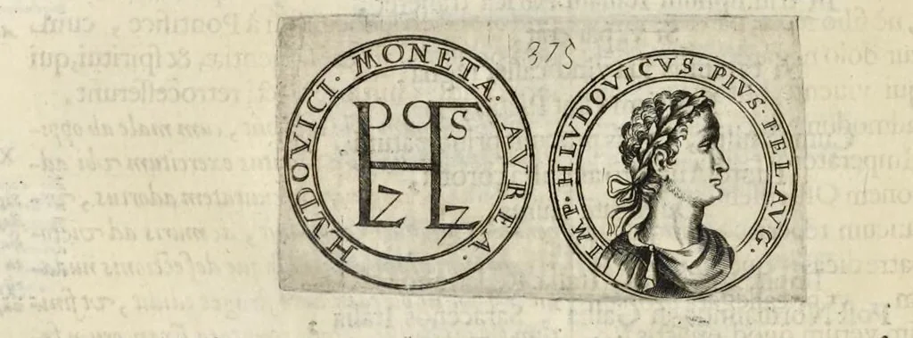 An illustration from Aquila inter lilia, sub qua Francorum Caesarum a Carolo Magno vsque ad Conradum Imperatorem Occidentis X. elogiis, hieroglyphicis, numismatibus, insignibus, symbolis, fasta exarantur : opus omnibus absolutum númeris, vt hodiernis veteres locupletati annales cuiuslibet herois, cuius facinora inclusum thema exornant, vitam, effigiem, hieroglyphicum, symbola exhibeant, 1671, leaf 175