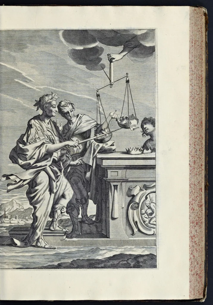 An illustration from Aquila inter lilia, sub qua Francorum Caesarum a Carolo Magno vsque ad Conradum Imperatorem Occidentis X. elogiis, hieroglyphicis, numismatibus, insignibus, symbolis, fasta exarantur : opus omnibus absolutum númeris, vt hodiernis veteres locupletati annales cuiuslibet herois, cuius facinora inclusum thema exornant, vitam, effigiem, hieroglyphicum, symbola exhibeant, 1671, leaf 206