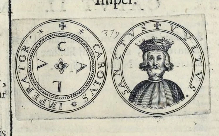 An illustration from Aquila inter lilia, sub qua Francorum Caesarum a Carolo Magno vsque ad Conradum Imperatorem Occidentis X. elogiis, hieroglyphicis, numismatibus, insignibus, symbolis, fasta exarantur : opus omnibus absolutum númeris, vt hodiernis veteres locupletati annales cuiuslibet herois, cuius facinora inclusum thema exornant, vitam, effigiem, hieroglyphicum, symbola exhibeant, 1671, leaf 210