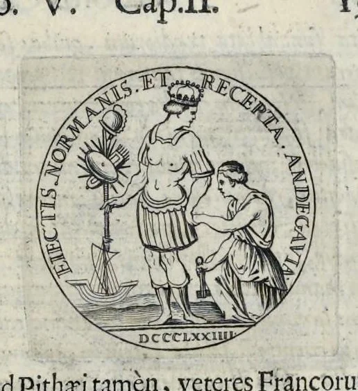 An illustration from Aquila inter lilia, sub qua Francorum Caesarum a Carolo Magno vsque ad Conradum Imperatorem Occidentis X. elogiis, hieroglyphicis, numismatibus, insignibus, symbolis, fasta exarantur : opus omnibus absolutum númeris, vt hodiernis veteres locupletati annales cuiuslibet herois, cuius facinora inclusum thema exornant, vitam, effigiem, hieroglyphicum, symbola exhibeant, 1671, leaf 212