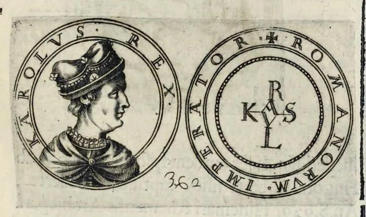 An illustration from Aquila inter lilia, sub qua Francorum Caesarum a Carolo Magno vsque ad Conradum Imperatorem Occidentis X. elogiis, hieroglyphicis, numismatibus, insignibus, symbolis, fasta exarantur : opus omnibus absolutum númeris, vt hodiernis veteres locupletati annales cuiuslibet herois, cuius facinora inclusum thema exornant, vitam, effigiem, hieroglyphicum, symbola exhibeant, 1671, leaf 302