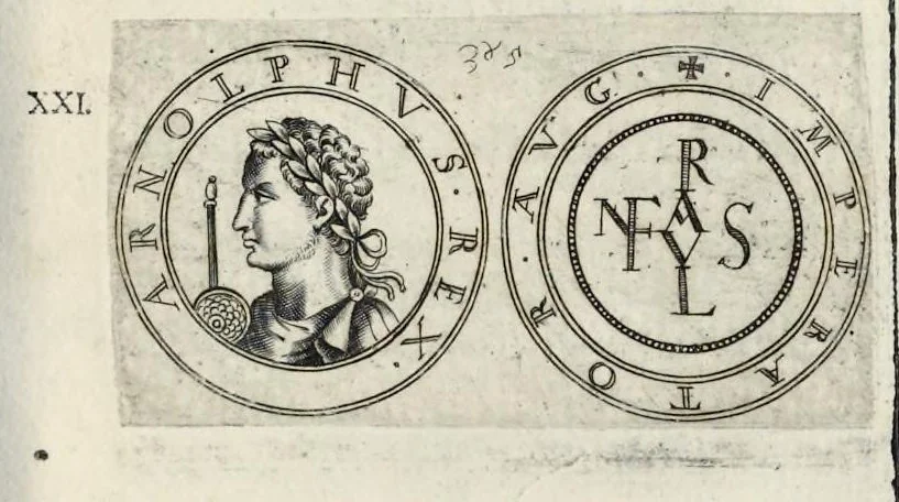 An illustration from Aquila inter lilia, sub qua Francorum Caesarum a Carolo Magno vsque ad Conradum Imperatorem Occidentis X. elogiis, hieroglyphicis, numismatibus, insignibus, symbolis, fasta exarantur : opus omnibus absolutum númeris, vt hodiernis veteres locupletati annales cuiuslibet herois, cuius facinora inclusum thema exornant, vitam, effigiem, hieroglyphicum, symbola exhibeant, 1671, leaf 312