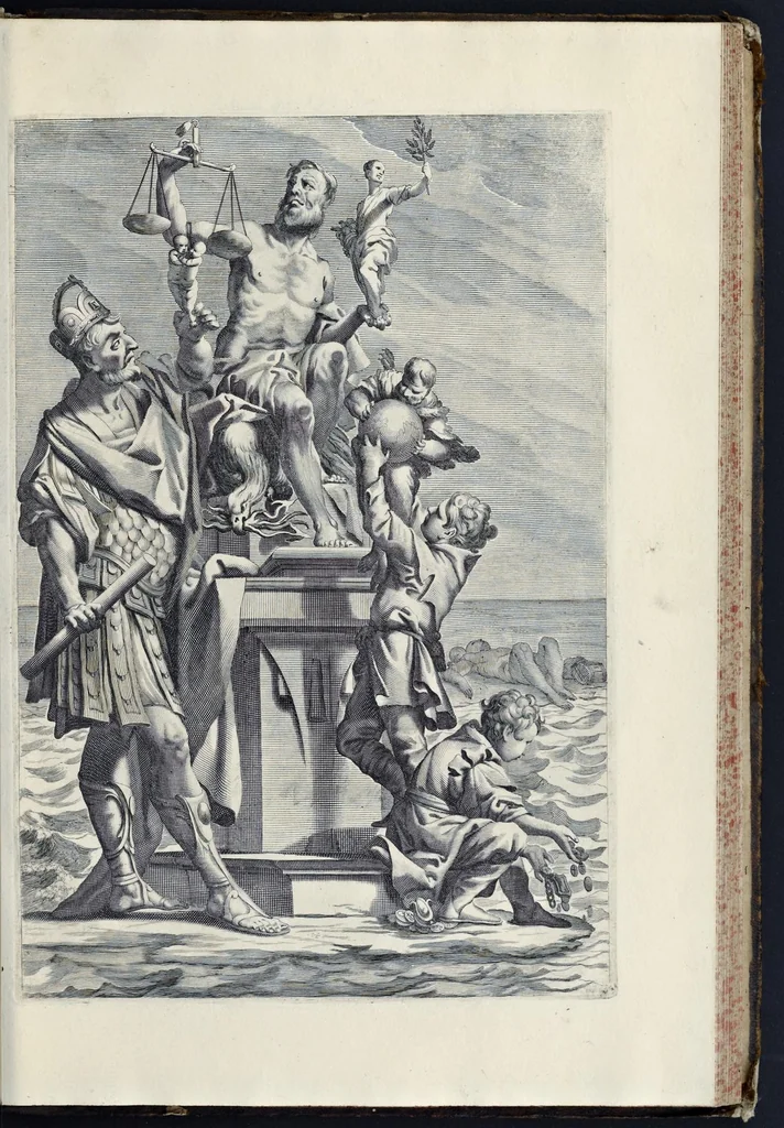 An illustration from Aquila inter lilia, sub qua Francorum Caesarum a Carolo Magno vsque ad Conradum Imperatorem Occidentis X. elogiis, hieroglyphicis, numismatibus, insignibus, symbolis, fasta exarantur : opus omnibus absolutum númeris, vt hodiernis veteres locupletati annales cuiuslibet herois, cuius facinora inclusum thema exornant, vitam, effigiem, hieroglyphicum, symbola exhibeant, 1671, leaf 352