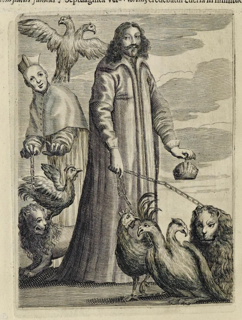 An illustration from Aquila inter lilia, sub qua Francorum Caesarum a Carolo Magno vsque ad Conradum Imperatorem Occidentis X. elogiis, hieroglyphicis, numismatibus, insignibus, symbolis, fasta exarantur : opus omnibus absolutum númeris, vt hodiernis veteres locupletati annales cuiuslibet herois, cuius facinora inclusum thema exornant, vitam, effigiem, hieroglyphicum, symbola exhibeant, 1671, leaf 375