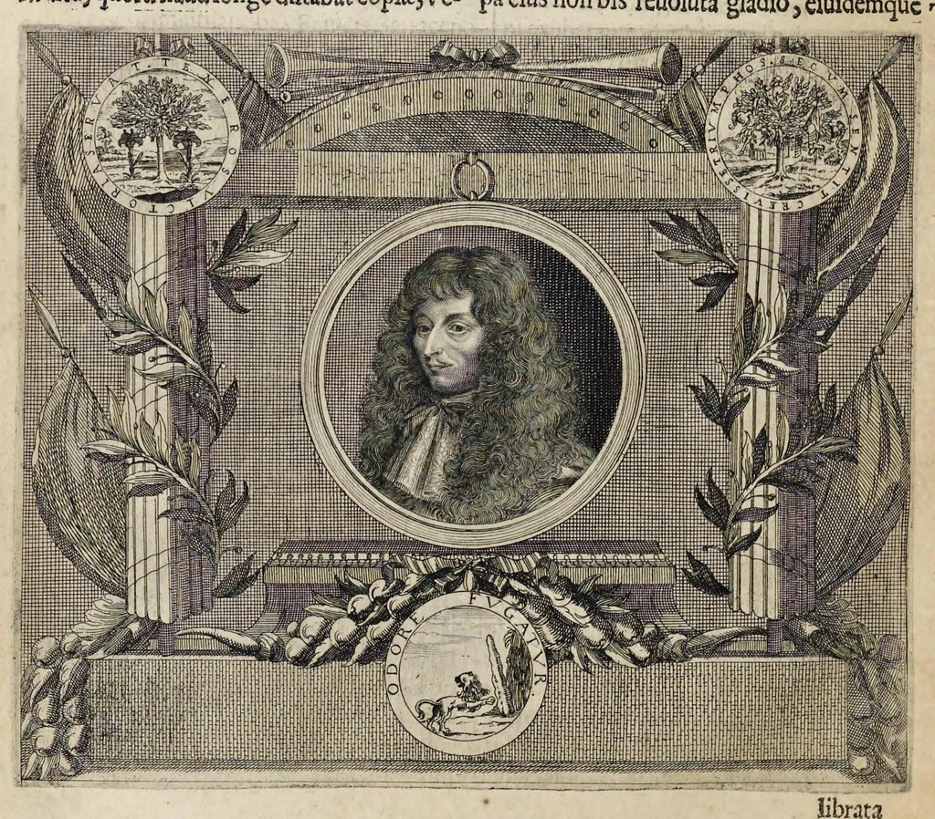An illustration from Aquila inter lilia, sub qua Francorum Caesarum a Carolo Magno vsque ad Conradum Imperatorem Occidentis X. elogiis, hieroglyphicis, numismatibus, insignibus, symbolis, fasta exarantur : opus omnibus absolutum númeris, vt hodiernis veteres locupletati annales cuiuslibet herois, cuius facinora inclusum thema exornant, vitam, effigiem, hieroglyphicum, symbola exhibeant, 1671, leaf 383