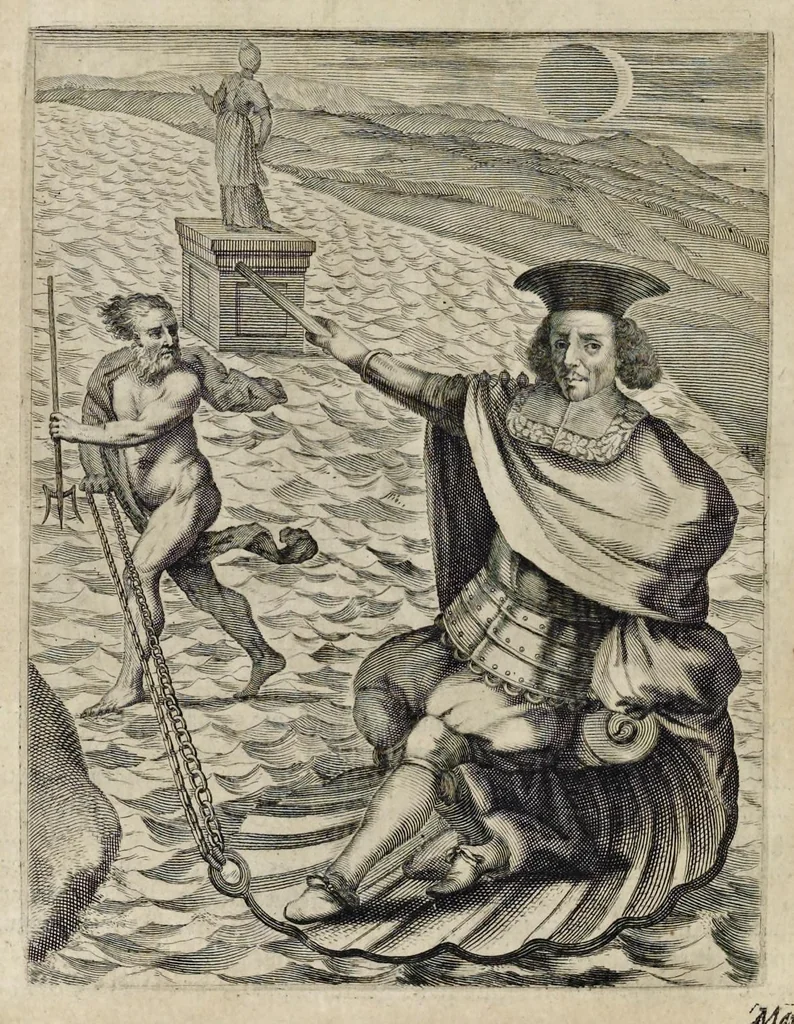 An illustration from Aquila inter lilia, sub qua Francorum Caesarum a Carolo Magno vsque ad Conradum Imperatorem Occidentis X. elogiis, hieroglyphicis, numismatibus, insignibus, symbolis, fasta exarantur : opus omnibus absolutum númeris, vt hodiernis veteres locupletati annales cuiuslibet herois, cuius facinora inclusum thema exornant, vitam, effigiem, hieroglyphicum, symbola exhibeant, 1671, leaf 389