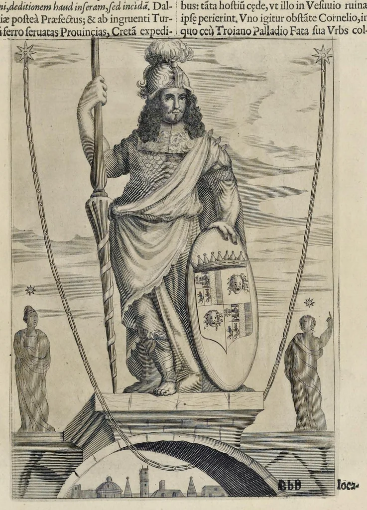 An illustration from Aquila inter lilia, sub qua Francorum Caesarum a Carolo Magno vsque ad Conradum Imperatorem Occidentis X. elogiis, hieroglyphicis, numismatibus, insignibus, symbolis, fasta exarantur : opus omnibus absolutum númeris, vt hodiernis veteres locupletati annales cuiuslibet herois, cuius facinora inclusum thema exornant, vitam, effigiem, hieroglyphicum, symbola exhibeant, 1671, leaf 392