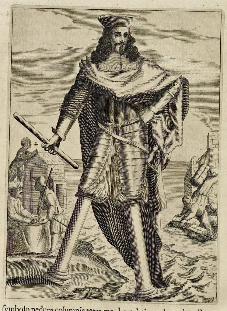 An illustration from Aquila inter lilia, sub qua Francorum Caesarum a Carolo Magno vsque ad Conradum Imperatorem Occidentis X. elogiis, hieroglyphicis, numismatibus, insignibus, symbolis, fasta exarantur : opus omnibus absolutum númeris, vt hodiernis veteres locupletati annales cuiuslibet herois, cuius facinora inclusum thema exornant, vitam, effigiem, hieroglyphicum, symbola exhibeant, 1671, leaf 395
