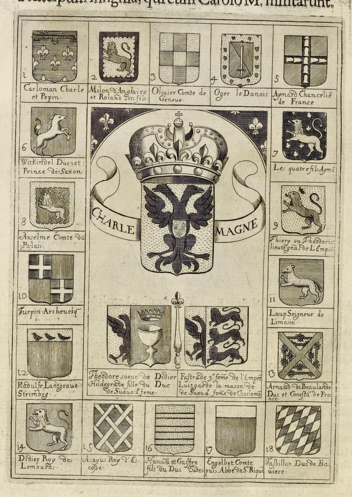 An illustration from Aquila inter lilia, sub qua Francorum Caesarum a Carolo Magno vsque ad Conradum Imperatorem Occidentis X. elogiis, hieroglyphicis, numismatibus, insignibus, symbolis, fasta exarantur : opus omnibus absolutum númeris, vt hodiernis veteres locupletati annales cuiuslibet herois, cuius facinora inclusum thema exornant, vitam, effigiem, hieroglyphicum, symbola exhibeant, 1671, leaf 81