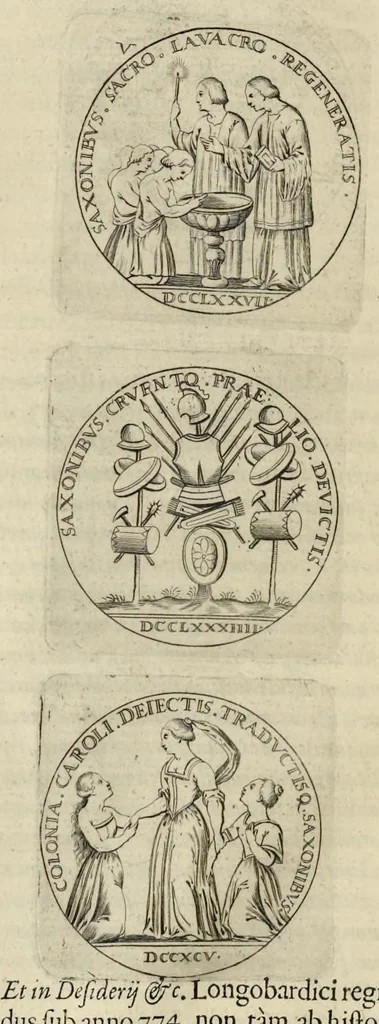 An illustration from Aquila inter lilia, sub qua Francorum Caesarum a Carolo Magno vsque ad Conradum Imperatorem Occidentis X. elogiis, hieroglyphicis, numismatibus, insignibus, symbolis, fasta exarantur : opus omnibus absolutum númeris, vt hodiernis veteres locupletati annales cuiuslibet herois, cuius facinora inclusum thema exornant, vitam, effigiem, hieroglyphicum, symbola exhibeant, 1671, leaf 85