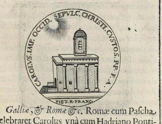 An illustration from Aquila inter lilia, sub qua Francorum Caesarum a Carolo Magno vsque ad Conradum Imperatorem Occidentis X. elogiis, hieroglyphicis, numismatibus, insignibus, symbolis, fasta exarantur : opus omnibus absolutum númeris, vt hodiernis veteres locupletati annales cuiuslibet herois, cuius facinora inclusum thema exornant, vitam, effigiem, hieroglyphicum, symbola exhibeant, 1671, leaf 88