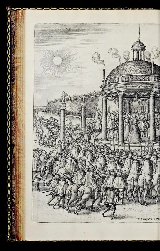 An illustration from Historica narratio profectionis et inavgvrationis serenissimorvm Belgii principvm Alberti et Isabellæ, Avstriæ archidvcvm : et eorum optatissimi in Belgium aduentus, rerumque gestarum et memorabilium, gratulationum, apparatuum, et spectaculorum in ipsorum susceptione et inavgvratione hactenus editorum accurata descriptio, 1602, leaf 185