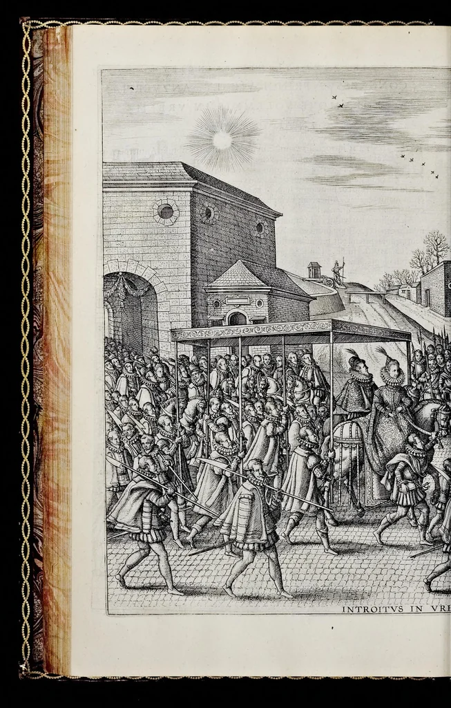 An illustration from Historica narratio profectionis et inavgvrationis serenissimorvm Belgii principvm Alberti et Isabellæ, Avstriæ archidvcvm : et eorum optatissimi in Belgium aduentus, rerumque gestarum et memorabilium, gratulationum, apparatuum, et spectaculorum in ipsorum susceptione et inavgvratione hactenus editorum accurata descriptio, 1602, leaf 189