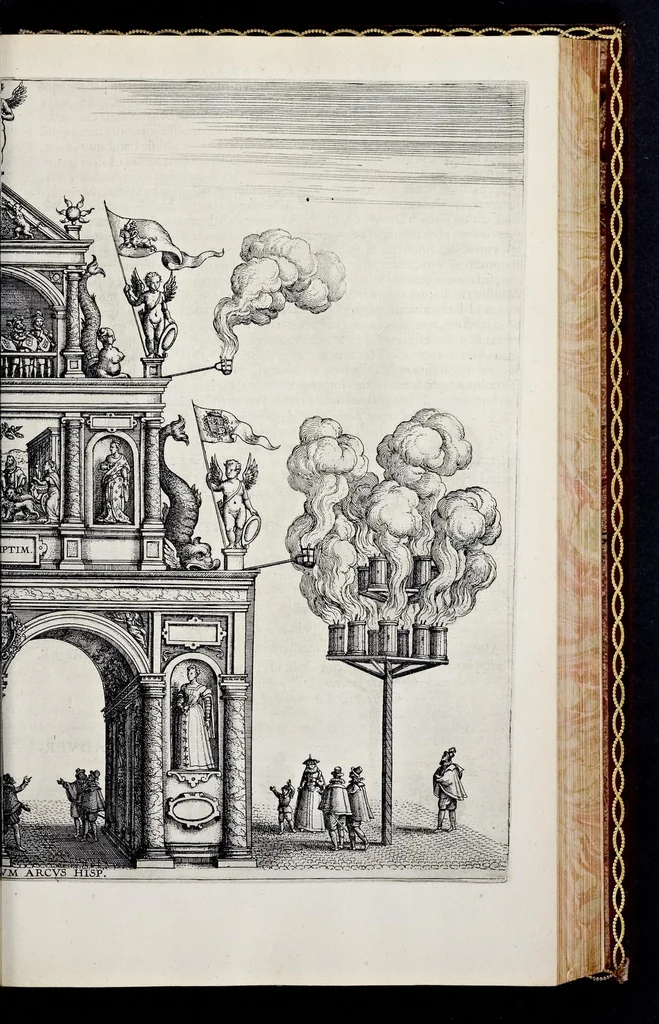 An illustration from Historica narratio profectionis et inavgvrationis serenissimorvm Belgii principvm Alberti et Isabellæ, Avstriæ archidvcvm : et eorum optatissimi in Belgium aduentus, rerumque gestarum et memorabilium, gratulationum, apparatuum, et spectaculorum in ipsorum susceptione et inavgvratione hactenus editorum accurata descriptio, 1602, leaf 202