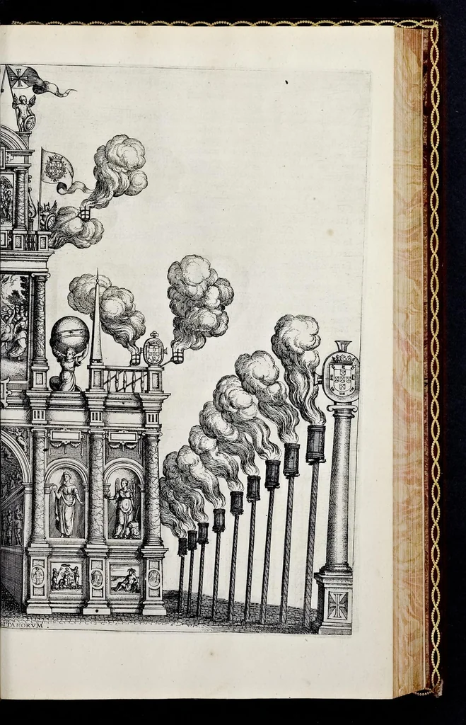 An illustration from Historica narratio profectionis et inavgvrationis serenissimorvm Belgii principvm Alberti et Isabellæ, Avstriæ archidvcvm : et eorum optatissimi in Belgium aduentus, rerumque gestarum et memorabilium, gratulationum, apparatuum, et spectaculorum in ipsorum susceptione et inavgvratione hactenus editorum accurata descriptio, 1602, leaf 214