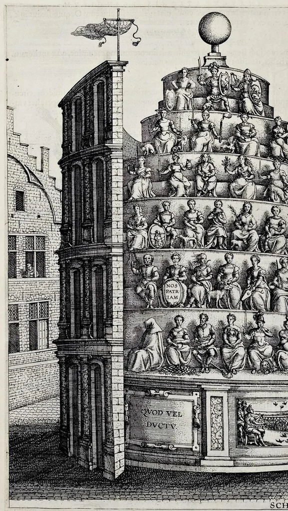 An illustration from Historica narratio profectionis et inavgvrationis serenissimorvm Belgii principvm Alberti et Isabellæ, Avstriæ archidvcvm : et eorum optatissimi in Belgium aduentus, rerumque gestarum et memorabilium, gratulationum, apparatuum, et spectaculorum in ipsorum susceptione et inavgvratione hactenus editorum accurata descriptio, 1602, leaf 221