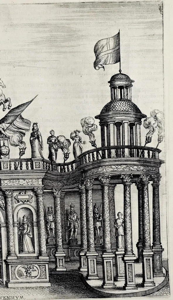 An illustration from Historica narratio profectionis et inavgvrationis serenissimorvm Belgii principvm Alberti et Isabellæ, Avstriæ archidvcvm : et eorum optatissimi in Belgium aduentus, rerumque gestarum et memorabilium, gratulationum, apparatuum, et spectaculorum in ipsorum susceptione et inavgvratione hactenus editorum accurata descriptio, 1602, leaf 230