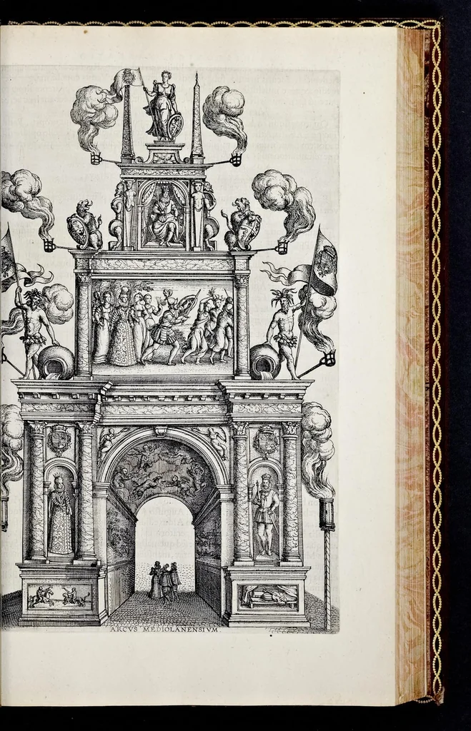 An illustration from Historica narratio profectionis et inavgvrationis serenissimorvm Belgii principvm Alberti et Isabellæ, Avstriæ archidvcvm : et eorum optatissimi in Belgium aduentus, rerumque gestarum et memorabilium, gratulationum, apparatuum, et spectaculorum in ipsorum susceptione et inavgvratione hactenus editorum accurata descriptio, 1602, leaf 242