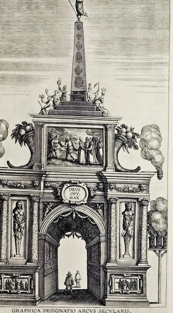 An illustration from Historica narratio profectionis et inavgvrationis serenissimorvm Belgii principvm Alberti et Isabellæ, Avstriæ archidvcvm : et eorum optatissimi in Belgium aduentus, rerumque gestarum et memorabilium, gratulationum, apparatuum, et spectaculorum in ipsorum susceptione et inavgvratione hactenus editorum accurata descriptio, 1602, leaf 302