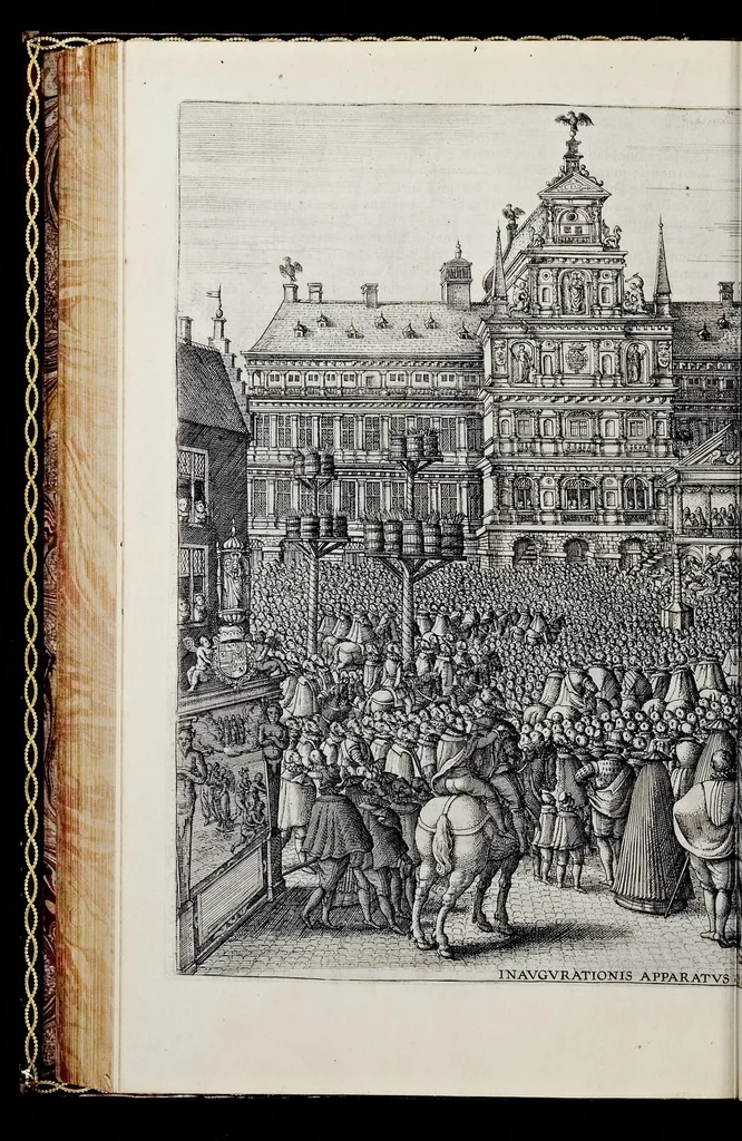 An illustration from Historica narratio profectionis et inavgvrationis serenissimorvm Belgii principvm Alberti et Isabellæ, Avstriæ archidvcvm : et eorum optatissimi in Belgium aduentus, rerumque gestarum et memorabilium, gratulationum, apparatuum, et spectaculorum in ipsorum susceptione et inavgvratione hactenus editorum accurata descriptio, 1602, leaf 311