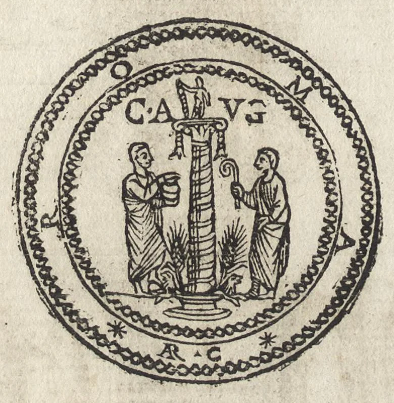 An illustration from Ritratto di Roma antica : formato nuouamente : con le auttorità, di Bartolomeo Marliani, del P. Alessandro Donati, di Famiano Nardini, e d'altri celebri antiquarij, accennati nell' epistola al lettore : nel quale, si descriuono gli archi, aquedotti, basiliche ... & altri edificij Romani : adornato di moltissime figure in rame, di varie medaglie, e di curiose notitie istoriche, 1689, leaf 127