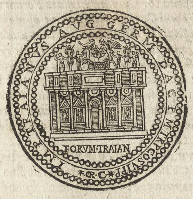 An illustration from Ritratto di Roma antica : formato nuouamente : con le auttorità, di Bartolomeo Marliani, del P. Alessandro Donati, di Famiano Nardini, e d'altri celebri antiquarij, accennati nell' epistola al lettore : nel quale, si descriuono gli archi, aquedotti, basiliche ... & altri edificij Romani : adornato di moltissime figure in rame, di varie medaglie, e di curiose notitie istoriche, 1689, leaf 203