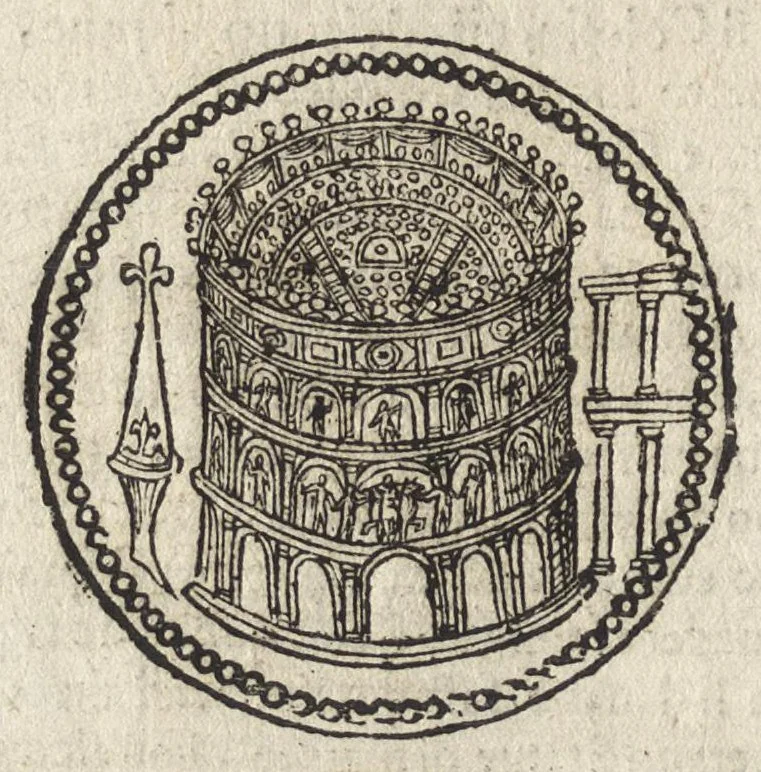 An illustration from Ritratto di Roma antica : formato nuouamente : con le auttorità, di Bartolomeo Marliani, del P. Alessandro Donati, di Famiano Nardini, e d'altri celebri antiquarij, accennati nell' epistola al lettore : nel quale, si descriuono gli archi, aquedotti, basiliche ... & altri edificij Romani : adornato di moltissime figure in rame, di varie medaglie, e di curiose notitie istoriche, 1689, leaf 213
