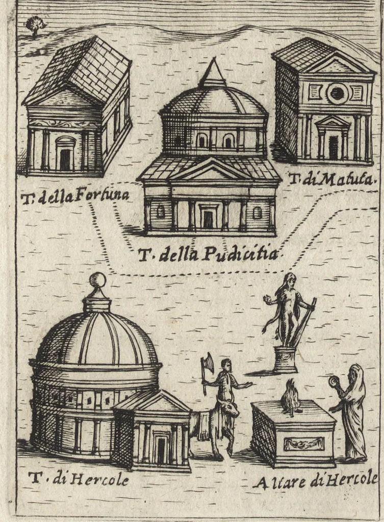 An illustration from Ritratto di Roma antica : formato nuouamente : con le auttorità, di Bartolomeo Marliani, del P. Alessandro Donati, di Famiano Nardini, e d'altri celebri antiquarij, accennati nell' epistola al lettore : nel quale, si descriuono gli archi, aquedotti, basiliche ... & altri edificij Romani : adornato di moltissime figure in rame, di varie medaglie, e di curiose notitie istoriche, 1689, leaf 301