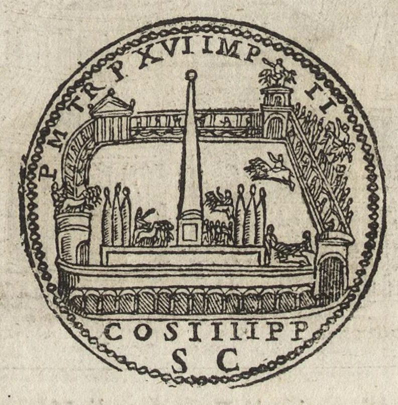 An illustration from Ritratto di Roma antica : formato nuouamente : con le auttorità, di Bartolomeo Marliani, del P. Alessandro Donati, di Famiano Nardini, e d'altri celebri antiquarij, accennati nell' epistola al lettore : nel quale, si descriuono gli archi, aquedotti, basiliche ... & altri edificij Romani : adornato di moltissime figure in rame, di varie medaglie, e di curiose notitie istoriche, 1689, leaf 348