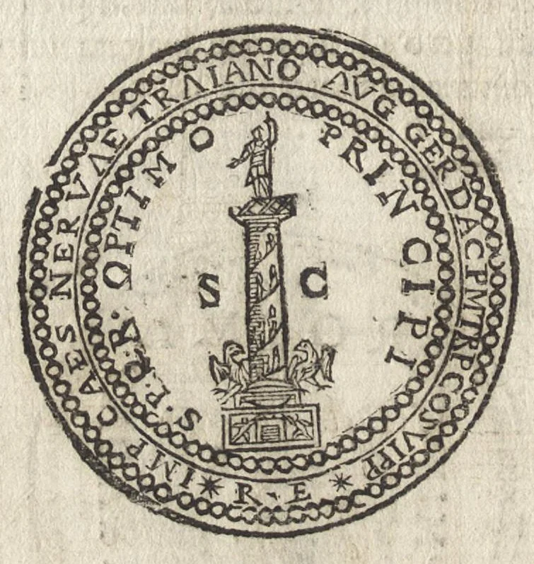An illustration from Ritratto di Roma antica : formato nuouamente : con le auttorità, di Bartolomeo Marliani, del P. Alessandro Donati, di Famiano Nardini, e d'altri celebri antiquarij, accennati nell' epistola al lettore : nel quale, si descriuono gli archi, aquedotti, basiliche ... & altri edificij Romani : adornato di moltissime figure in rame, di varie medaglie, e di curiose notitie istoriche, 1689, leaf 405