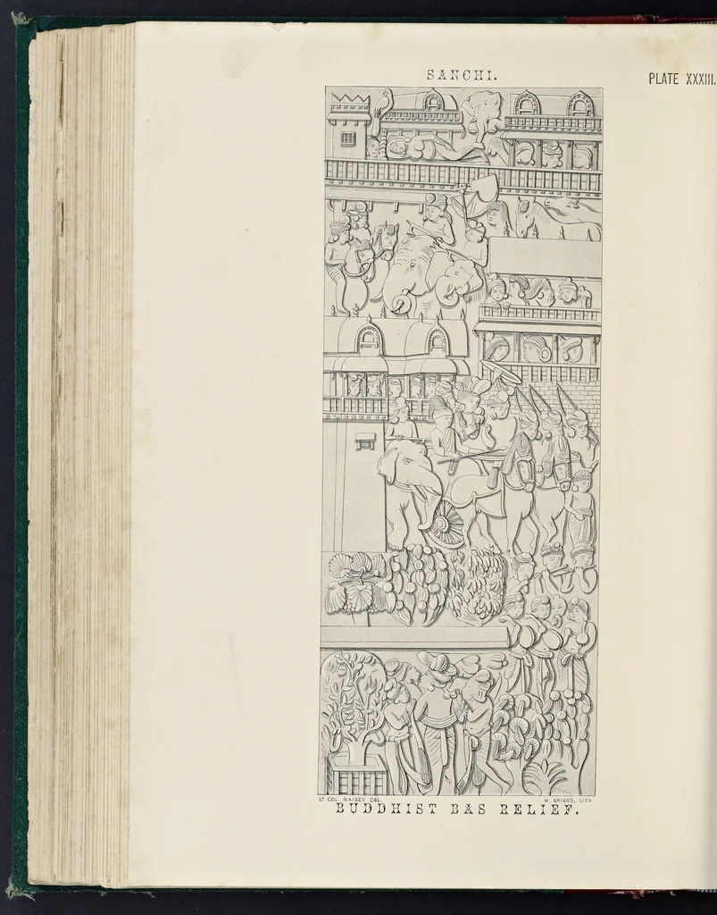 An illustration from Tree and serpent worship, or, Illustrations of mythology and art in India in the first and fourth centuries after Christ : from the sculptures of the Buddhist topes at Sanchi and Amravati, 1868, leaf 217