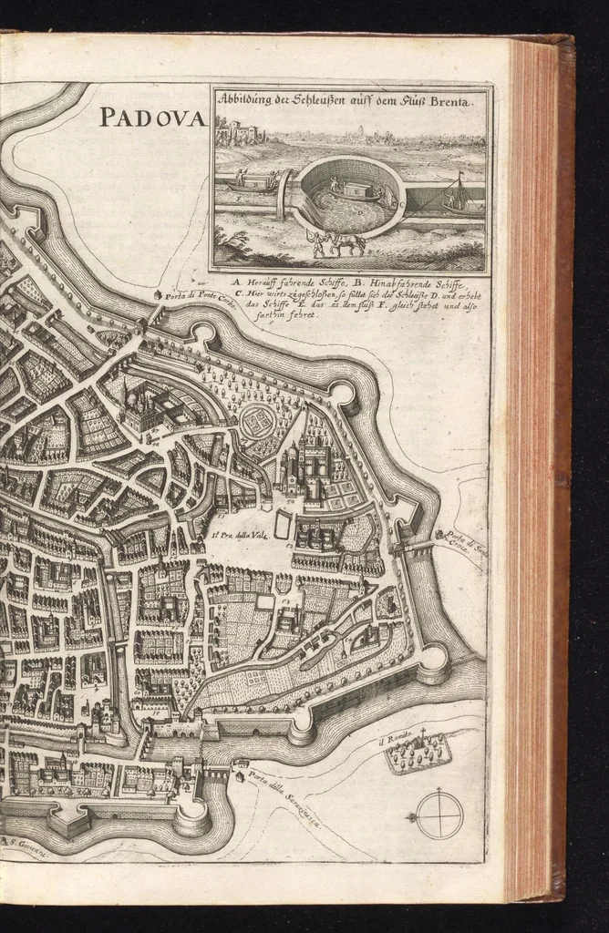 An illustration from Topographia Italiæ : das ist, warhaffte und curiöse Beschreibung von gantz Italien, ... deme beygefügt eine kurtze und aussführliche Beschreibung derer im Königreich Morea befinden vornehmsten Städte und Plätze ... alles auss denem bewährtesten, alten und neuen Scribenten, mit netten Kupffer-Abbildungen aller hauptsächlichsten Städte, Fürstl. und anderer Palläste wie auch accuraten und künstlichen Land-Karten aussgefertiget und zumersten mal heraus gegeben : nebst einem vollständigen Register, 1688, leaf 196