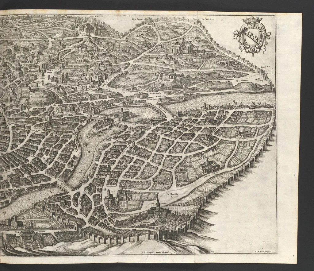 An illustration from Topographia Italiæ : das ist, warhaffte und curiöse Beschreibung von gantz Italien, ... deme beygefügt eine kurtze und aussführliche Beschreibung derer im Königreich Morea befinden vornehmsten Städte und Plätze ... alles auss denem bewährtesten, alten und neuen Scribenten, mit netten Kupffer-Abbildungen aller hauptsächlichsten Städte, Fürstl. und anderer Palläste wie auch accuraten und künstlichen Land-Karten aussgefertiget und zumersten mal heraus gegeben : nebst einem vollständigen Register, 1688, leaf 246