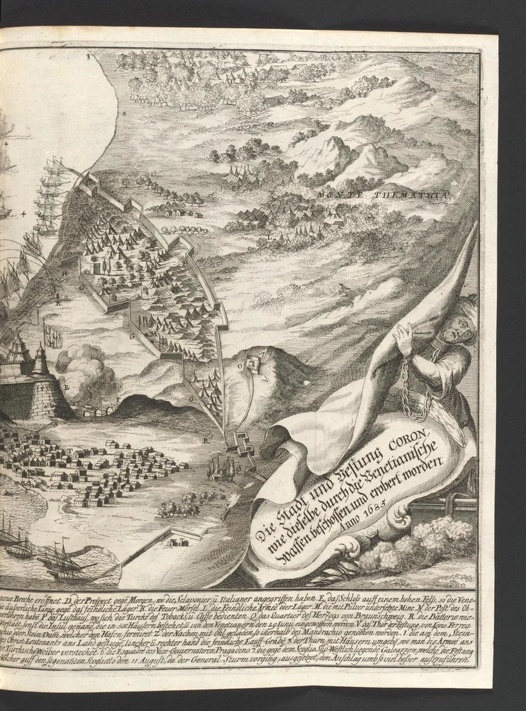 An illustration from Topographia Italiæ : das ist, warhaffte und curiöse Beschreibung von gantz Italien, ... deme beygefügt eine kurtze und aussführliche Beschreibung derer im Königreich Morea befinden vornehmsten Städte und Plätze ... alles auss denem bewährtesten, alten und neuen Scribenten, mit netten Kupffer-Abbildungen aller hauptsächlichsten Städte, Fürstl. und anderer Palläste wie auch accuraten und künstlichen Land-Karten aussgefertiget und zumersten mal heraus gegeben : nebst einem vollständigen Register, 1688, leaf 394