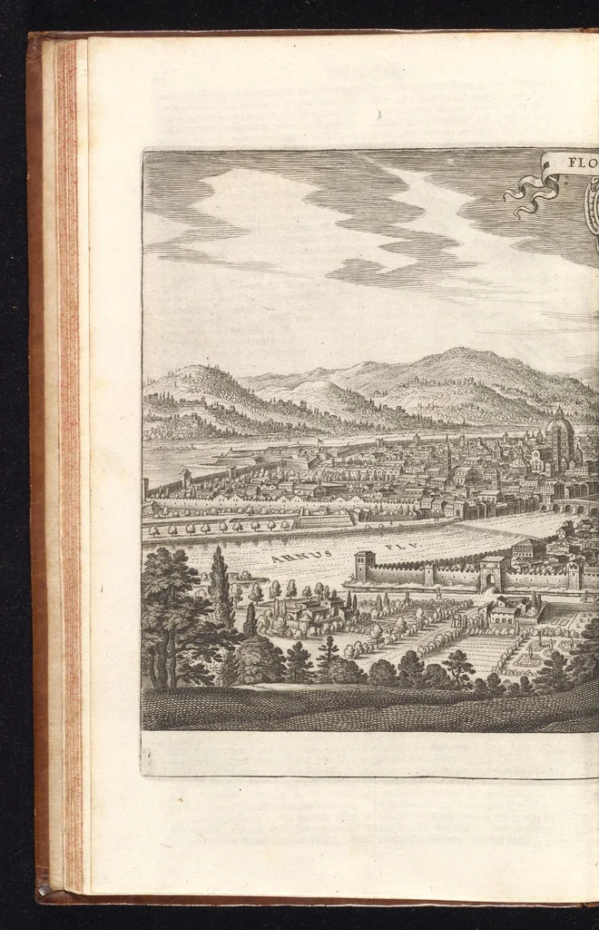 An illustration from Topographia Italiæ : das ist, warhaffte und curiöse Beschreibung von gantz Italien, ... deme beygefügt eine kurtze und aussführliche Beschreibung derer im Königreich Morea befinden vornehmsten Städte und Plätze ... alles auss denem bewährtesten, alten und neuen Scribenten, mit netten Kupffer-Abbildungen aller hauptsächlichsten Städte, Fürstl. und anderer Palläste wie auch accuraten und künstlichen Land-Karten aussgefertiget und zumersten mal heraus gegeben : nebst einem vollständigen Register, 1688, leaf 63